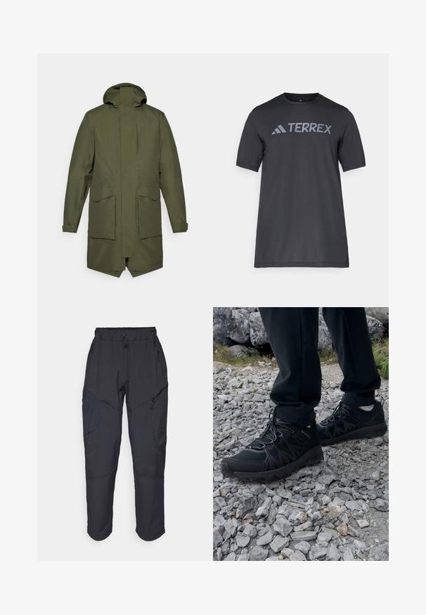 Parka longue vert olive avec capuche, dotée de deux poches avant et d'une coupe droite, fabriquée en matériau durable et résistant à l'eau.; T-shirt noir à manches courtes en tissu léger, arborant un logo « TERREX » gris clair sur la poitrine et un col rond.; Pantalons cargo noirs en matériau léger et résistant à l'eau ; dotés d'une taille élastique, de plusieurs poches zippées et de jambes fuselées.; Chaussures d'extérieur noires en matériau synthétique et en maille, présentant une tige texturée, un système de lacets sécurisé et une semelle extérieure robuste, sur un terrain rocailleux.