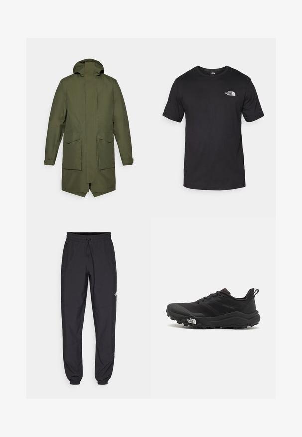 Parka longa verde-oliva com capuz, apresentando dois bolsos frontais e um corte reto, feita de material durável e resistente à água.; T-shirt preto de manga curta feito de algodão, com um decote redondo e um pequeno logótipo branco na parte superior esquerda do peito.; Calças atléticas pretas feitas de tecido leve, com um cós ajustável por cordão, bolsos laterais e punhos afunilados nos tornozelos.; Sapatilha de trail running preta com um upper texturizado, sola de borracha e biqueira reforçada. Possui um colarinho acolchoado e uma alça para facilitar o calçar.