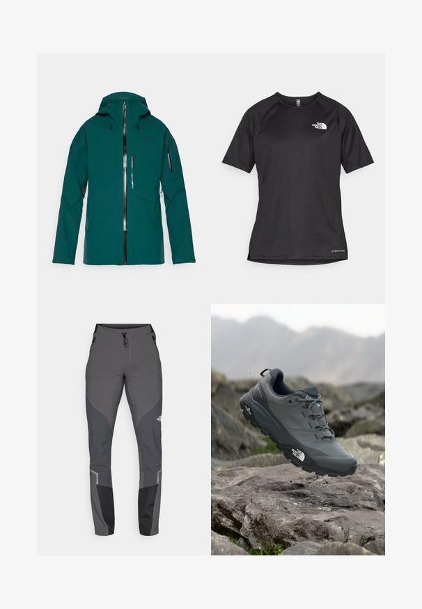 Jachetă impermeabilă teal cu glugă, fermoare rezistente la apă pe față și pe mâneci, buzunar pe piept și manșete ajustabile, destinat utilizării în aer liber.; Tricou athletic scurt, de culoare neagră, cu un material texturat, având un logo alb pe partea stângă a pieptului și un tiv drept.; Pantaloni de drumeție gri, cu un design conic, multiple buzunare și accente contrastante în gri închis și negru. Realizați dintr-un material flexibil și durabil.; Pantof de alergare pe trasee gri, cu o partieră texturată, talpă din cauciuc durabil și vârf întărit. Dispune de șireturi și logo-ul brandului pe lateral.