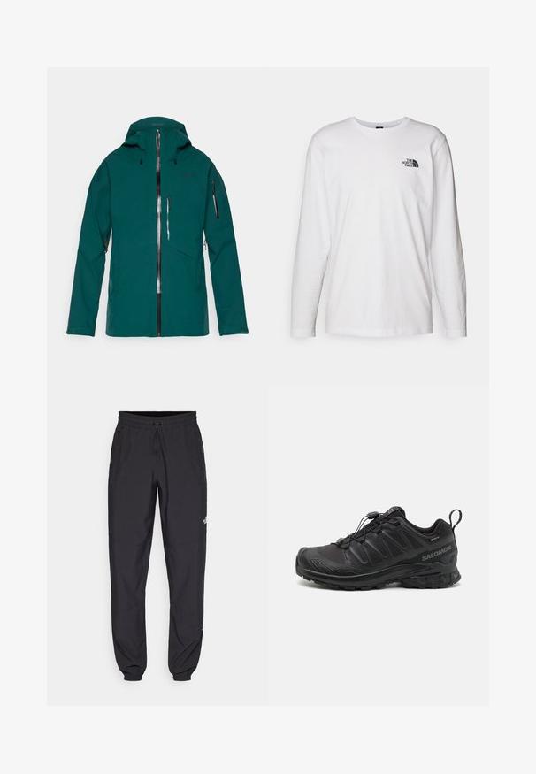 Giacca impermeabile color teal con cappuccio, cerniere resistenti all'acqua sul davanti e sulle maniche, tasca sul petto e polsini regolabili, progettata per l'uso all'aperto.; T-shirt bianco a maniche lunghe in cotone con colletto rotondo. Presenta un piccolo logo nero sul petto. Texture liscia, vestibilità regolare.; Pantaloni sportivi neri realizzati in tessuto leggero, con vita regolabile con cordino, tasche laterali e orli affusolati alle caviglie.; Scarpa sportiva nera con parte superiore in sintetico testurizzato, suola imbottita e sistema di allacciatura rapida. Presenta una punta e un tallone rinforzati.