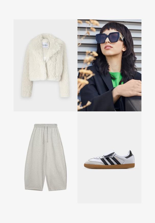 Skračená biela umelá kožušina s širokým límcom, vyznačujúca sa mäkkým, štruktúrovaným povrchom a dlhými rukávmi. Označenie viditeľné vo vnútri.; Pruhovaná mikina v čiernej a šedej farbe, s dizajnom na jedno rameno a výrazným bielym potlačou "92" vpredu. Mäkká textúra, manžetové rukávy.; Svetl grey široké tepláky s elastickým pásom a šnúrkou, s bočnými vreckami a uvoľneným strihom.; Biele kožené tenisky s čiernymi pruhmi a šedými akcentmi, s okrúhlou špičkou a gumovou podrážkou. Zapínanie na suchý zips a šnúrky.; Prehnané čierne slnečné okuliare s hrubým rámom a zlatým akcentom, nosené s čiernym sakom a jasne zelenou košeľou, na horizontálnom pozadí.