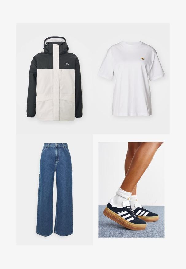 Jakna s barvnimi bloki z zgornjim delom v črni in spodnjim delom v belem. Ima kapuco, sprednji žep z zadrgo in elastične manšete za tesno prileganje.; Bela bombažna majica s sproščenim krojem, kratkimi rokavi in majhnim vezenim logotipom na levi strani prsnega predela.; Široke modre denim hlače z visokim pasom, kontrastnim šivom in stranskimi žepi, ki vključujejo klasičen pet-džepni dizajn in robove brez obdelave.; Črni antilop superge z belimi črtami in poudarki, okrogel prst, gumijasti podplat, kombinirane z belimi rebrastimi nogavicami.