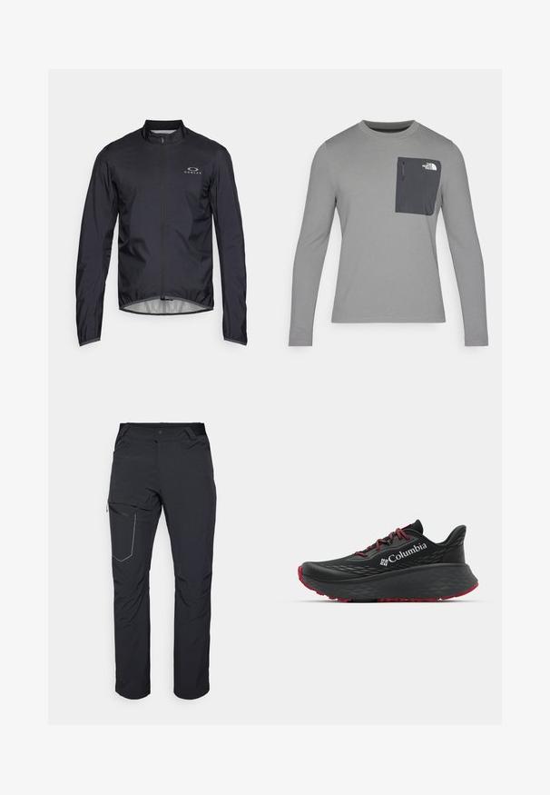 Giacca leggera nera con maniche lunghe, colletto alto e zip frontale. Presenta un logo sul lato sinistro del petto e una fodera interna liscia.; Maglietta grigia a maniche lunghe con tessuto testurizzato, dotata di una tasca sul petto grigia scura e chiusura con zip. Logo bianco sulla tasca.; Pantaloni neri da esterno con tasca a zip sulla coscia, cintura elastica e tessuto liscio, resistente all'acqua. Design pulito senza loghi visibili.; Scarpa sportiva nera con tomaia testurizzata, lacci rossi e logo. Suola spessa con battistrada a righe per una buona aderenza. Design minimalista, vista laterale.