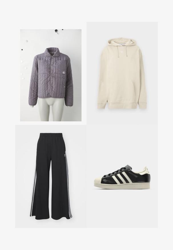 Tikkitakki violetilla värillä, jossa on nepparikiinnitys edessä, kaksi rintataskua ja pehmeä kaulus. Takissa on vinottaiset tikkauskuviot ja logomerkkilappu.; Beige väriinen puuvillainen hupullinen collegepaita, jossa etutasku, resorireunaiset hihansuut ja pieni valkoinen logo rinnassa. Pehmeä pinta.; Mustat löysät verkkarit, joissa on joustava vyötärö, valkoiset sivuraidat ja brodeerattu logo vasemmassa reidessä.; Musta nahkasneakeri, jossa on valkoiset raidat, kuminen varvassuoja, mustat nauhat ja kermaisa ulkopohja. Suora pinta ja kiiltävä viimeistely.