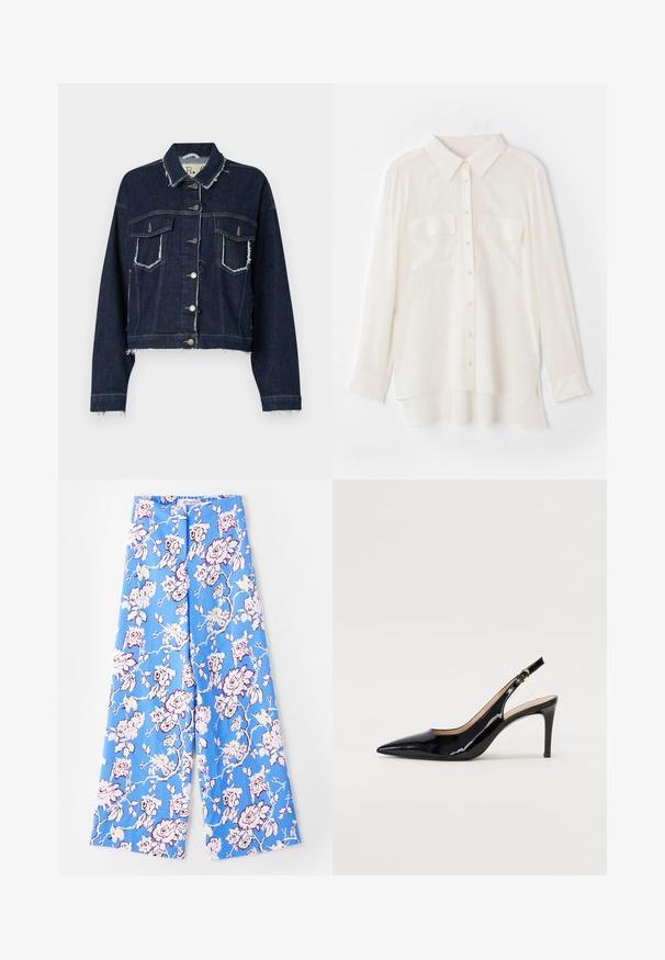 Denim jakna u tamnoplavoj boji s ruba koji se puca, strukturiran oblik, dva prednja džepa i zatvaranje na srebrne dugmad; teksturirana završna obrada tkanine.; Bijela košulja s dugim rukavima od lagane tkanine. Ima klasičnu kragnu, dva džepa na prsima i blago duži stražnji rub.; Plave cvjetne hlače s uzorkom pastelnih ruža. Tkanina je glatka, s ležernim krojem, širokim nogavicama i elastičnom trakicom za struk.; Crne lakirane slingback cipele s oštrim vrhom, uskim potpeticama i suptilnim izrezom. Sadrže zlatnu kopču na traku.