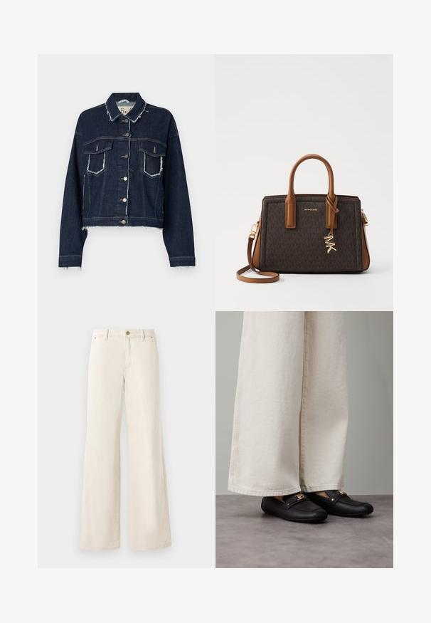 Chaqueta de mezclilla en azul oscuro con dobladillo deshilachado, forma estructurada, dos bolsillos frontales y cierres de botón plateados; acabado de tela texturizada.; Top blanco sin mangas de tela suave, con escote redondo y sutiles pliegues en los hombros, con un dobladillo curvado.; Pantalones de corte ancho beige hechos de algodón con una textura suave. Cuentan con un cierre de botón, bolsillos frontales y un diseño de cinturilla clásico.; Mocasines de cuero negro con detalle de herrajes dorados, combinados con pantalones anchos de color crema, mostrando una textura suave y forma redondeada.; MICHAEL Michael Kors LAILA SATCHEL - Bolso de mano - brown