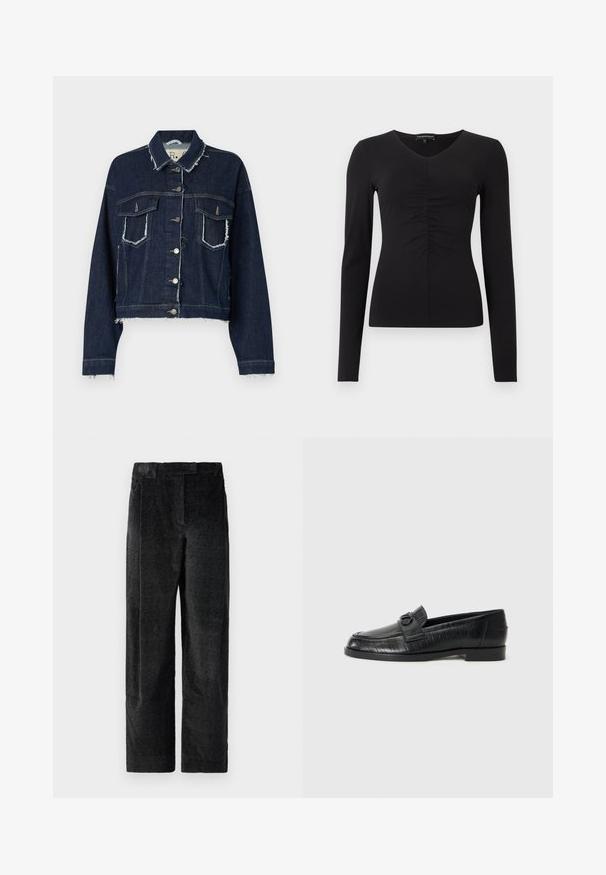 Tummansininen farkkutakki, jossa on rispaantunut helma, rakenteellinen muoto, kaksi etutaskua ja hopeiset napit; teksturoitu kangaspinta.; Musta pitkähihaisen paita, jossa on V-aukko ja edessä kerätty yksityiskohta, valmistettu sileästä kankaasta. Istuvamallinen siluetti ja vähäinen muotoilu.; Mustat, teksturoidut leveät housut, joissa on voimakas kudonta, etupleatit ja litteä vyötärö. Klassinen muotoilu monipuolisuutta varten.; Mustat nahkaiset loaferit, joissa on sileä pinta, kohokuvioitu viivakuvio ja koristeellinen solki varvaskappaleessa. Matala, lohkareilu korko.