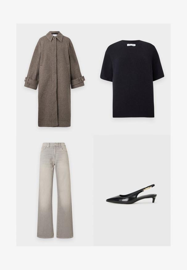 Brązowy płaszcz w szkocką kratę z kołnierzem, zapięciem na guziki i szerokimi rękawami. Posiada sylwetkę w kształcie litery A oraz teksturowany materiał.; Czarny, dziany sweter z krótkim rękawem, okrągłym dekoltem i prążkowanym wykończeniem. Gładka faktura i luźny krój. Minimalistyczny design.; Szare dżinsy o szerokich nogawkach z wyblakłym wykończeniem, zapięcie na guzik, pięć kieszeni oraz przeszycia wzdłuż szwów.; Czarne skórzane szpilki typu slingback z ostrym noskiem, posiadające smukły obcas i złoty akcent na regulowanym pasku. Gładka tekstura.