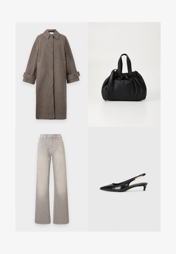Brown houndstooth coat with a collar, button closure, and wide sleeves. Features an A-line silhouette and textured fabric.; Black knitted short-sleeve sweater with a round neckline and ribbed hem. Smooth texture with a relaxed fit. Minimalist design.; Gray wide-leg jeans with a faded finish, button closure, five-pocket design, and stitched detailing along the seams.; Black leather slingback heels with a pointed toe, featuring a slim heel and a gold-tone accent on the adjustable strap. Smooth texture.; Black leather handbag with a gathered top design, featuring two short handles and a long adjustable strap. Smooth texture, rounded shape.