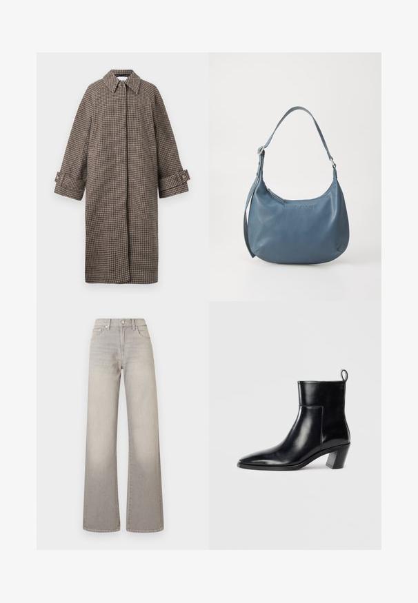 Bruine houndstoothjas met een kraag, knoopsluiting en brede mouwen. Beschikt over een A-lijn silhouet en een gestructureerde stof.; Zwarte v-hals trui van een zachte wolmix, met lange mouwen en geribbelde manchetten en onderrand. Eenvoudig, klassiek ontwerp zonder patronen of accenten.; Grijze wijde jeans met een vervaagde afwerking, knoopsluiting, vijfzakkenontwerp en gestikte details langs de naden.; Zwarte leren enkelboot met een spitse neus, een geometrische gestapelde hak en een trekband aan de achterkant. Gladde textuur en slank ontwerp.; Blauwe leren handtas met een ronde vorm, enkele schouderriem, ritssluiting en geïmpregneerde merknaam aan de voorkant. Gladde textuur.