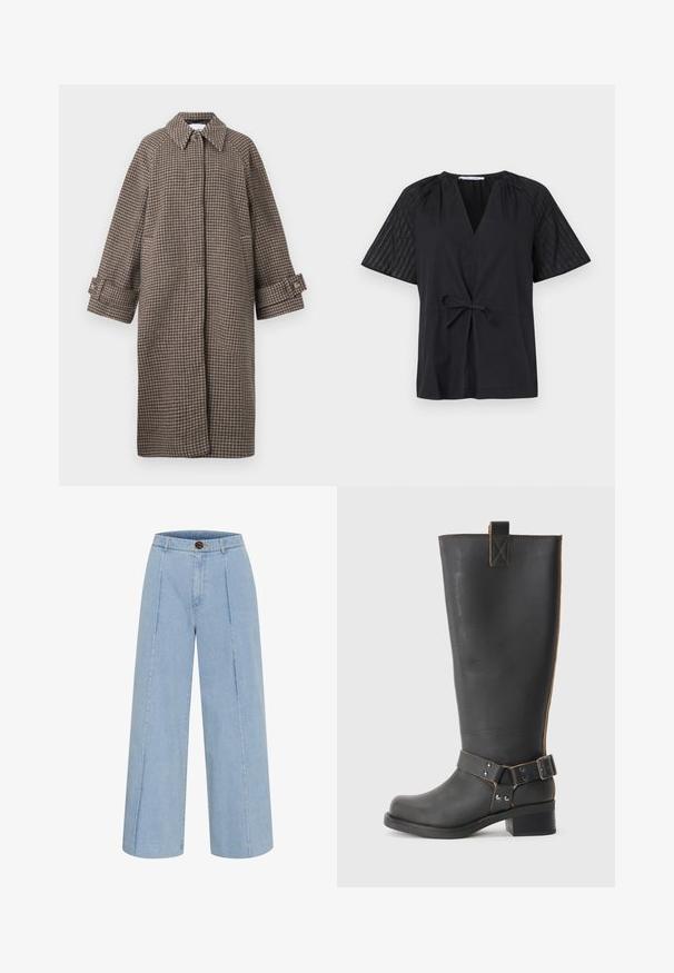 Barna hounds-tooth mintázatú kabát, gallérral, gombos záródással és széles ujjal. A-sziluettje és textúrált anyaga van.; Fekete felső V-nyakkal, rövid ujjakkal és megkötős derékkal. Az ujjain texturált, mintás anyag található, míg a test sima.; Világoskék, bő szárú farmernadrág gombos záródással, két függőleges elülső varrással.; Fekete bőr, térd fölé érő csizma texturált felülettel, oldalán csat díszítéssel és alacsony sarokkal. Részletes varrások a varrások mentén.