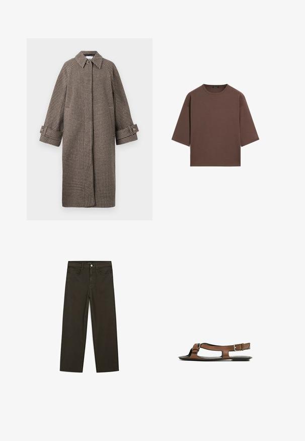 Brun houndstooth frakke med krave, knaplukning og brede ærmer. Har en A-line silhuet og tekstureret stof.; Brun cropped t-shirt med rund halsudskæring, korte ærmer og en blød tekstur. Designet med en afslappet pasform og minimal detaljering.; Mørkegrønne brede jeans lavet af en bomuldsblanding, med en frontlukning med knap, fem lommer og klassisk denim-syning.; Brune lædersandal med åben tå og udskæringer på siden. Har en ankelrem med en metalspænde og en flad sål.