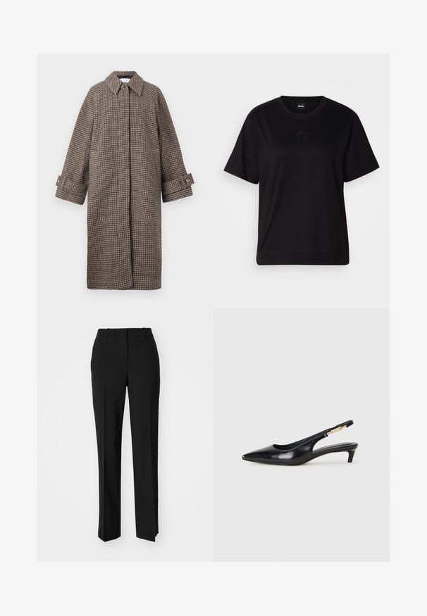 Pruun houndstooth musteriga mantel, millel on krae, nööbiga sulgemine ja laiad varrukad. Omab A-line siluetti ja tekstureeritud kangast.; Mustmust särk, millel on ümar kaelus, lühikesed varrukad ja tindiga tikitud logo rinnal. Lihtne, mugav lõige ilma mustriteta.; Mustad ja sirged püksid, millel on sile tekstuur ja teravad voldid esiosas. Ilma nähtavate detailideta.; Mustad nahast slingback kontsad terava ninaga, millel on õhuke konts ja kuldse tooni aktsent reguleeritaval rihmal. Sile tekstuur.