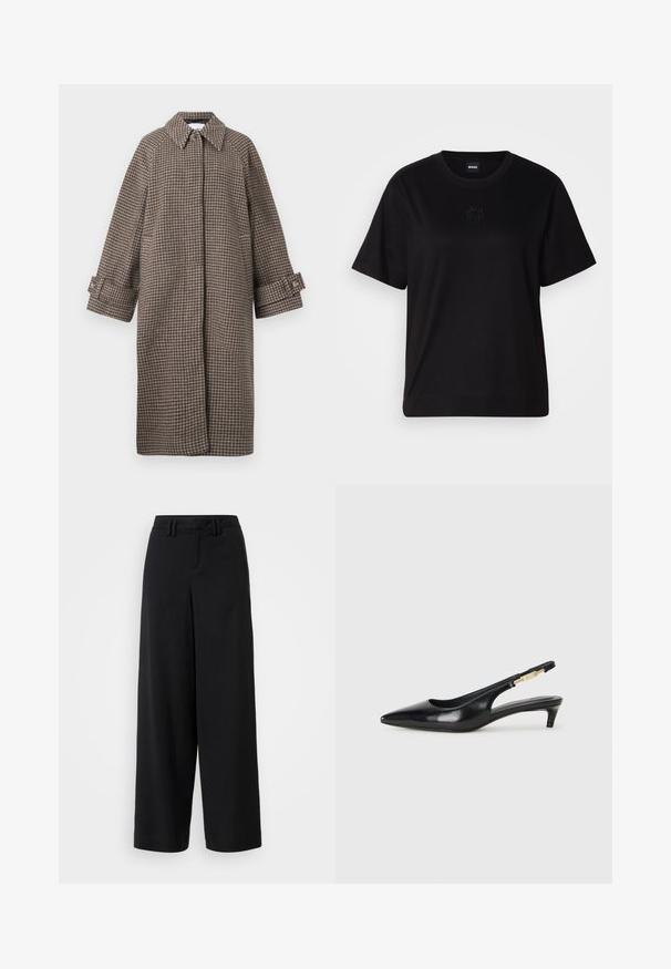 Brauner Hahnentrittmantel mit Kragen, Knopfverschluss und weiten Ärmeln. Verfügt über eine A-Linien-Silhouette und strukturierte Stoffqualität.; Schwarzes Baumwoll-T-Shirt mit Rundhalsausschnitt, kurzen Ärmeln und aufgesticktem Logo auf der Brust. Einfacher, lässiger Schnitt ohne Muster.; Schwarze weite Hosen aus glattem Stoff, mit einem flachen Frontdesign, gefältelten Details und Gürtelschlaufen am Bündchen.; Schwarze Leder-Slingback-Pumps mit spitzem Schuhblatt, ausgestattet mit einem schlanken Absatz und einem goldfarbigen Akzent am verstellbaren Riemen. Glatte Textur.