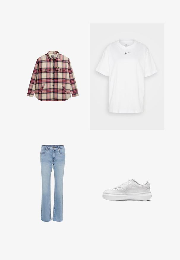Koszula flanelowa w kratę w kolorze kremowym, czerwonym, fioletowym i żółtym. Posiada dwie kieszenie na piersi, czarne guziki i zaokrąglony dół.; Biała bawełniana koszulka z okrągłym dekoltem, krótkimi rękawami i czarnym logo Nike nadrukowanym na środku klatki piersiowej. Prosty i klasyczny design.; Jasnoniebieskie dżinsy z rozkloszowanymi nogawkami i rozcięciami na końcach. Zawierają standardowe kieszenie i zapięcie na guzik w talii.; Białe sneakersy z gładką skórzaną cholewką, okrągłym noskiem, perforowanymi detalami i grubą, białą gumową podeszwą. Posiadają logo na boku oraz płaskie sznurówki.