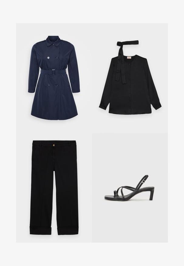 Jūrinis paltas, pagamintas iš lygaus audinio, su dvigubu užsegimu, reguliuojamu diržu ir šoninėmis kišenėmis, klasikinio aukso apykakle.; Juoda ilgomis rankovėmis palaidinė iš lygaus audinio, su sagų uždarymu priekyje ir rišimo detale kaklo srityje. Klasikinis apykaklė ir rankovės su užrašais.; Juodos medvilnės kelnės tiesaus kirpimo, su priekinėmis kišenėmis, auksiniu mygtuko užsegimu ir sukamučiais kraštais. Glotni tekstūra.; Juodi šlepetės su kvadratiniu pirštu ir žemu bloku kulnu. Yra keli ploni dirželiai ir reguliuojamas kulkšnies diržas. Pagaminti iš lygios odos.