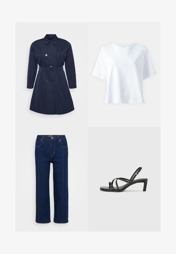 Sügavsinine trench coat, mis on valmistatud siledast kangast, kahekordse nööpidega disainiga, reguleeritava vööga ja küljetaskutega, klassikalise kraega.; Valge puuvillane T-särk ümmarguse kaelusega, lühikeste varrukatega, lõdva lõikega ja sileda tekstuuriga. Mustrid või aktsendid ei ole nähtavad.; Tumedad sinised sirged teksad nööp sulgemisega, esi- ja tagataskud ning nähtavad oranžid õmblused õmblustes.; Mustast rihmajalatsid ruudukujulise varba ja madala ploki kontsaga. Omab mitmeid õhukesi rihmasid ja reguleeritavat pahkluu rihma. Valmistatud siledast nahast.