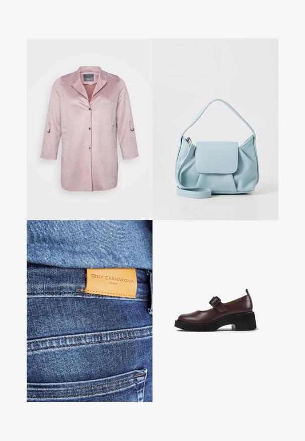 Gaiši rozā, maigs samta žaketes ar šalli, pogu aizdare un sānu kabatas. Trīs ceturtdaļu piedurknes ar regulējamu aproču detaļu.; Gaiši zils puloveris ar puffed piedurknēm, kuram uz piedurknēm ir ziedu izgriezumi un ribota apakšmala un aproces.; Zili zili džinsi, kas veidoti no zila denima, ar brūnu ādas birku, uz kuras rakstīts "ONLY CARMKOMA Denim", redzamām šuvēm un sānu kabatas detaļu.; Burgundijas ādas Mary Jane kurpes ar kvadrātveida sprādzi, apaļu purngalu un masīlu melnu papēdi ar zīmējumu.; Gaiši zila ādas rokassoma ar augšējo rokturi, priekšējo vāku kabatu un noņemamu roku siksniņu uz baltas fona.