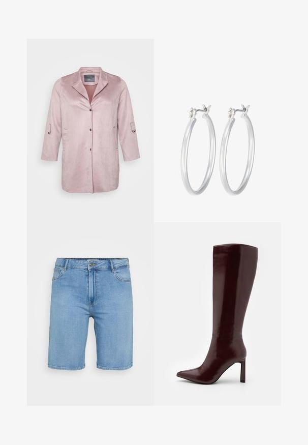 Šviesiai rožinė, minkštas veliūrinis švarkas su šaliku, mygtukų uždarymu ir šoniniais kišenėmis. Trys ketvirtadaliai rankovių su reguliuojamais rankogalių detalėmis.; Šviesiai mėlyna džinsinė marškinė su trumpomis rankovėmis, turinti dvi priekines kišenes ir papuošta mažais sidabriniais blizgučiais visame paviršiuje.; Šviesiai mėlynos džinsinės šortai su klasikinio kirpimo, turintys priekinį mygtuką, diržo kilpas ir dvi šonines kišenes. Lygus paviršius ir tiesus apvadas.; Even&Odd Batai - dark red; Sidabriniai auskarai su sklandžiu, poliruotu paviršiumi. Apvalios formos ir saugus uždarymo mechanizmas. Lengvas dizainas, tinkantis kasdieniam dėvėjimui.