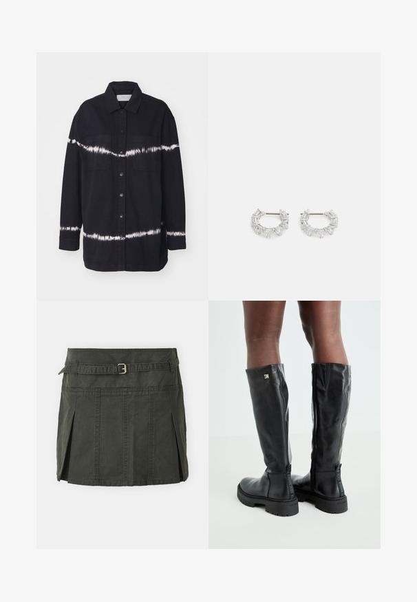 Cămașă din denim negru cu un model alb tie-dye, mâneci lungi, guler, două buzunare pe piept și închidere cu nasturi.; Pulover tricotat scurt gri deschis cu modele de flori negre și albe, decolteu rotund și manșete cu nervuri. Textură moale, design casual.; Fustă mini de bumbac, verde închis, cu talie ajustată, curea și plisse frontale. Prezintă detalii de cusătură și o croială clasică.; Cizme negre din piele, până la genunchi, cu o textură netedă, vârf rotund, talpă masivă și închidere cu fermoar. Prezintă un logo argintiu pe lateral.; Cercei argintii în formă de cerc, pe care sunt așezate cristale clare, rectangulare și triangulară, dispuse într-un design patterned. Acestora le sunt atașate piese pentru o fixare sigură.
