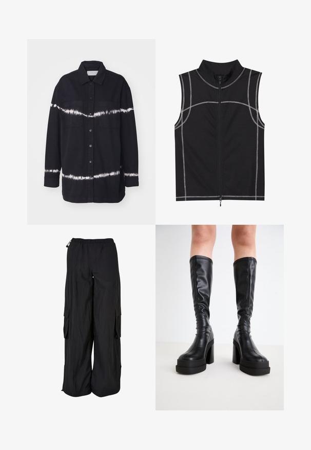Black denim shirt featuring a white tie-dye pattern, long sleeves, a collared neckline, two chest pockets, and a button-down front.; Black sleeveless vest made of a smooth fabric, featuring silver stitching detailing and a front zipper closure, designed with a high collar.; Black cargo pants with an elastic waistband, loose fit, lightweight fabric, side pockets, and subtle textured finish.; Black knee-high boots made of smooth leather, featuring a thick platform and block heel, with stitched detailing along the edges.