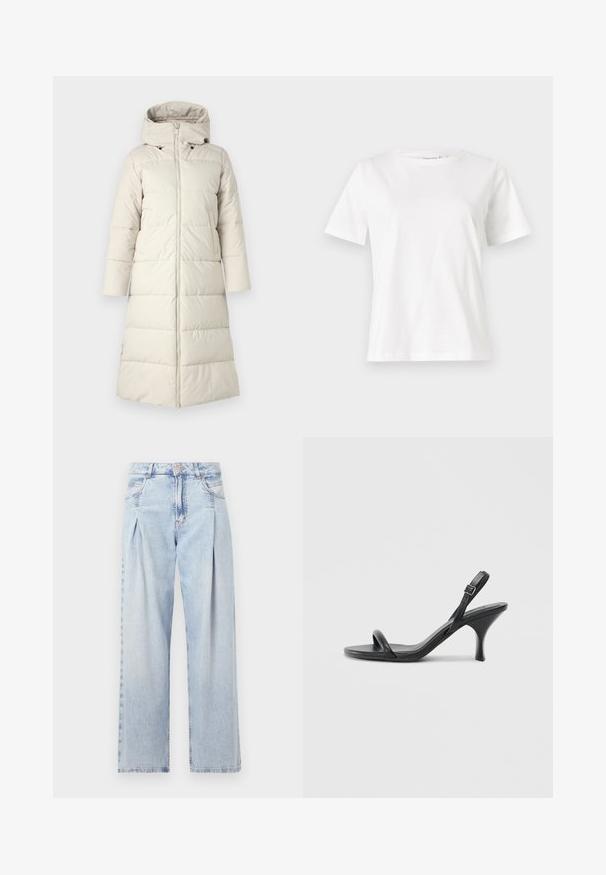 Lys beige pufferjakke med hætte, der har en frontlynlås, lange ærmer og en knælang design. Glat tekstur med syede paneler.; Hvid bomulds t-shirt med korte ærmer, rund halsudskæring og en afslappet pasform. Glat tekstur, ingen mønstre eller accenter, minimalistisk design.; Lyseblå denim jeans med høj talje, bred benåbning, to sidelommer og plisseret design. Blød tekstur med et falmet finish.; Sorte læder højhælede sandaler med en slank, buet hæl og et krydset stropdesign. Justerbar ankelrem. Glat tekstur.
