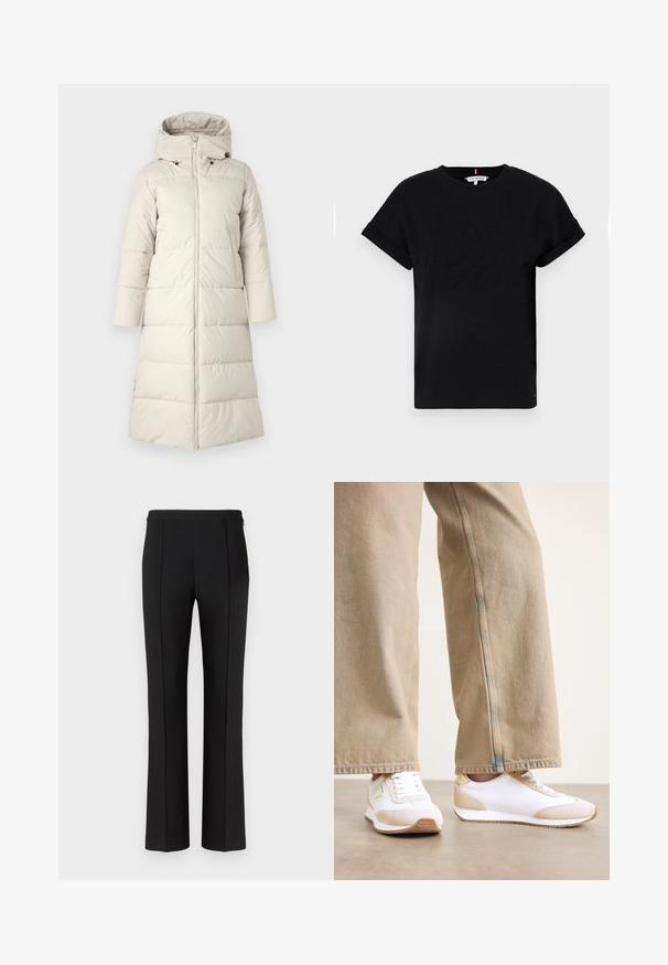 Lys beige pufferjakke med hætte, der har en frontlynlås, lange ærmer og en knælang design. Glat tekstur med syede paneler.; Sort bomulds T-shirt med rullede korte ærmer, der har et præget logo i midten og en lille flagdetalje på siden.; Sorte skræddersyede bukser med en glat tekstur, der har en lige benstil, centrerede frontfoldninger og et minimalistisk taljebånddesign.; Hvide sneakers med en beige ruskindsaccent, flad snørebåndslukning og gummisål, parret med lysebeige lige bukser.