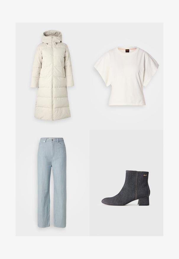 Abrigo acolchado beige claro con capucha, con cierre frontal, mangas largas y diseño hasta la rodilla. Textura suave con paneles cosidos.; Camiseta blanca recortada, con mangas cortas y anchas, material de algodón suave, cuello redondo con un sutil ribete naranja, diseño minimalista, sin patrones ni gráficos.; Jeans de pierna recta en azul claro, hechos de denim. Cuenta con cinco bolsillos, un cierre de botón de metal y un sutil desgastado para añadir textura.; Botín de mezclilla oscura hasta el tobillo con puntera afilada, tacón en bloque, costuras visibles y un sutil logo de la marca en el costado. Textura suave.