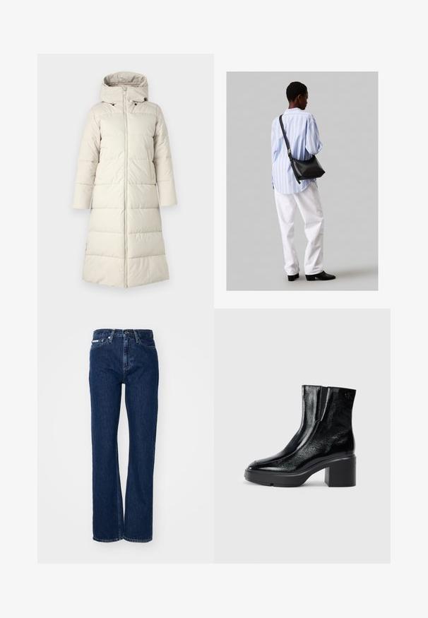 Gai bēšas pufota jakas ar kapuci, ar priekšējo rāvējslēdzēju, garām piedurknēm un līdz ceļiem garu piegriezumu. Gluda tekstūra ar iešūtām paneļiem.; Melna kokvilnas T-krekls ar apaļu izgriezumu, īsām piedurknēm un izšūtu logotipu uz krūtīm. Vienkāršs, brīvs piegriezums bez rakstiem.; Tumši zili džinsi ar taisnām kājām, ar pogu aizdari un piecām kabatām. Audumam ir neliela tekstūra ar smalkām šuvju detaļām.; Melnas lakotas ādas potītes zābaki ar izliekto purngalu, elastīgām sānu paneļiem un masīvu blokveida papēdi. Aizmugurē ir izsistā logo.; Melna ādas plecu soma ar mīkstu tekstūru, trīsstūra formu un regulējamu siksnu, apvienota ar gaiši zilu svītrotu krekli un baltām biksēm.