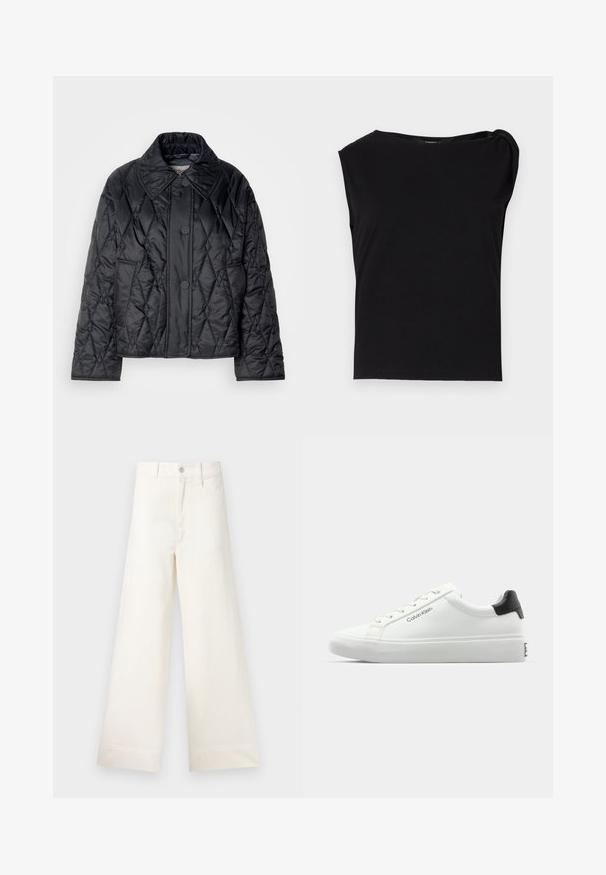 Black quilted jacket made of shiny nylon. Features a large collar, diamond pattern stitching, and three front buttons. Sleeves are slightly wider.; Black short-sleeve top made of smooth fabric. Features a round neckline and draped detail on the shoulder. Simple, fitted design.; Wide-leg trousers in light beige cotton. Features a high waist, front pockets, and a straight cut. Clean hem finishing without patterns.; White sneaker with a smooth finish, black heel accent, and lace-up design. Features "Calvin Klein" branding on the side. Minimalist style.