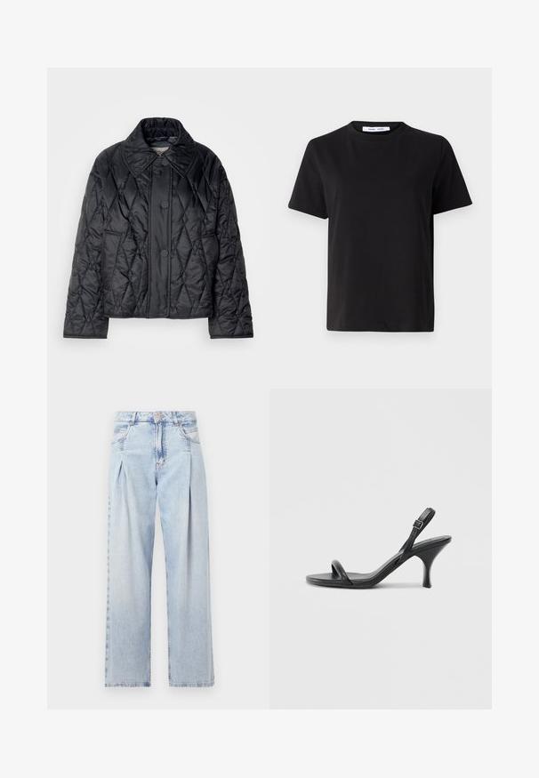 Black quilted jacket made of shiny nylon. Features a large collar, diamond pattern stitching, and three front buttons. Sleeves are slightly wider.; Black short-sleeve t-shirt made of soft cotton, featuring a round neckline, relaxed fit, and a smooth texture. No visible patterns or graphics.; Light blue denim jeans with a high waist, wide-leg cut, two side pockets, and pleated design feature. Soft texture with a faded finish.; Black leather high-heeled sandals with a slim, curved heel and a crossed strap design. Adjustable ankle strap. Smooth texture.