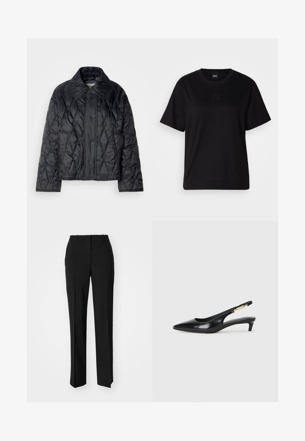 Casaco acolchoado preto feito de nylon brilhante. Apresenta um grande colarinho, costura em padrão de diamante e três botões frontais. As mangas são ligeiramente mais largas.; T-shirt de algodão preto com decote redondo, mangas curtas e um logótipo bordado no peito. Corte simples e descontraído, sem padrões.; Calças pretas de corte ajustado com um design de perna reta, apresentando uma textura lisa e pregas bem definidas na frente. Sem hardware visível.; Saltos slingback em couro preto com bico fino, apresentando um salto esguio e um detalhe em tom dourado na alça ajustável. Textura suave.