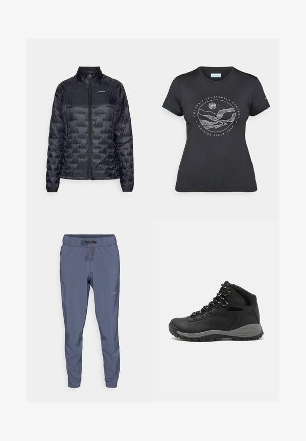 Svart pufferjakke med glidelås foran, med boksformet søm, høy krage og elastiske ermer. Lett, glansfullt materiale, merkevarelogo på brystet.; Svart Columbia t-skjorte med hvit sirkulær fjell- og elvlinjekunst og tekst "Columbia Sportswear Company Outside Since 1938."; Patagonia TERREBONNE JOGGERS - Friluftsbukser - smolder blue; Sorte turstøvler med mid-topp design, som har en teksturert overdel, grå detaljer og slitesterk gummisåle med godt grep.