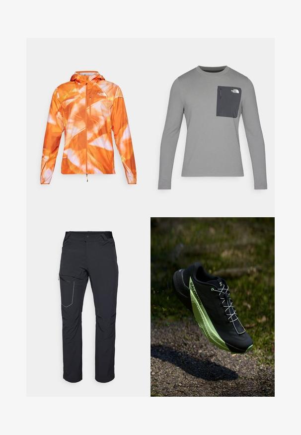Oransje vandtæt jakke med et livligt abstrakt mønster. Har en lynlåset front, justerbar hætte og logo på venstre bryst.; Langærmet grå skjorte i tekstureret stof, med en mørkegrå brystlomme og lynlås. Logo på lommen i hvid.; Svarte udendørs bukser med en lynlåslomme på låret, elastisk talje og glat, vandafvisende stof. Rent design uden synlige logoer.; Sort løbesko med en tekstureret overflade og grønne accenter. Har et let design og en unik, mønstret sål for godt greb.