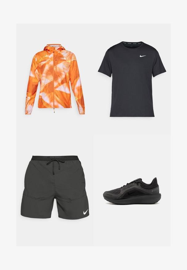 Oranje waterdichte jas met een levendig abstract patroon. Heeft een ritssluiting aan de voorkant, een verstelbare capuchon en een logo op de bovenlinkerkant van de borst.; Zwarte Nike hardloop T-shirt gemaakt van lichtgewicht, ademend materiaal, met korte mouwen en een klein wit logo op de borst.; Zwarte hardloopshorts met een elastische tailleband, trekkoord, zijzakken en een wit Nike-logo op het linkeronderbeen.; Zwarte sportieve schoen met een gestructureerde, gewatteerde bovenkant, slank ontwerp en zwarte rubberen zool. Voorzien van een zichtbaar logo en Gore-Tex branding.