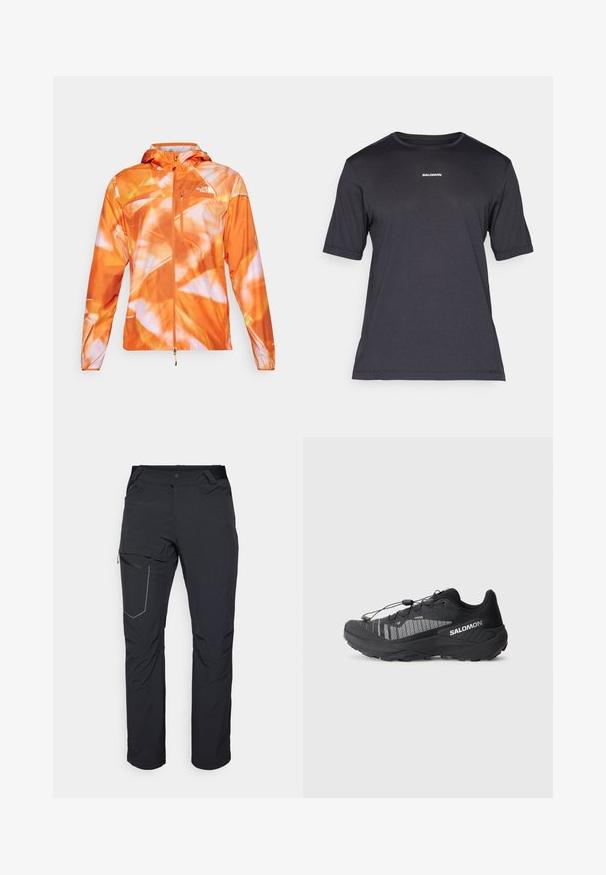 Narandžasta vodootporna jakna s vibrantnim apstraktnim uzorkom. Ima zatvarač sprijeda, podesivu kapuljaču i logo na gornjem lijevom dijelu prsnog koša.; Crna kratkotrajna majica za performanse s kratkim rukavima, napravljena od prozračnog materijala, s okruglim izrezom i malim bijelim logotipom "SALOMON" na prsima.; Crne vanjske hlače s patentnim zatvaračem na butu, elastičnim pojasom i glatkim, vodootpornim materijalom. Čist dizajn bez vidljivih logotipa.; Crne trail trkačke cipele s teksturiranim mrežastim gornjim dijelom, reflektirajućim detaljima, ublaženim potplatom i elastičnim sustavom vezanja. Logotip sa strane.