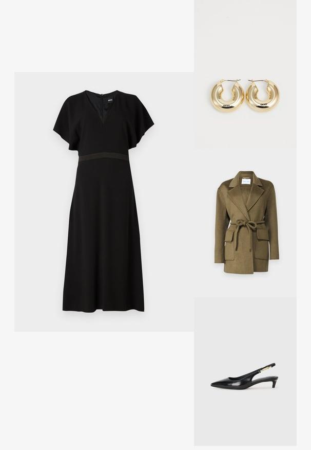 Abrigo de mezcla de lana de color verde oliva que presenta un cuello con muesca, cintura ceñida con cinturón y dos grandes bolsillos frontales. Tejido texturizado con un acabado suave.; Vestido negro con escote en V, mangas cortas tipo volantes y una banda horizontal en contraste en la cintura. Hecho de una tela suave y fluida.; Tacones negros de piel sintética tipo slingback con punta afilada, que cuentan con un tacón delgado y un detalle en tono dorado en la correa ajustable. Textura suave.; Pendientes de aro de oro con un diseño liso y redondeado y un acabado brillante, que cuentan con un cierre para asegurar. Grabados con "DKNY".