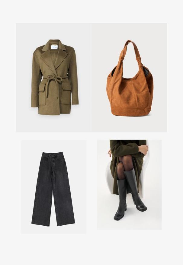 Olīvu zaļa vilnas jaukta auduma mētelis ar iedobtu apkakli, jostu viduklim un divām lielām priekšējām kabatām. Tekstūrēta auduma virsma ar gludu apdari.; Balta krekla ar garām piedurknēm, klasiskā josta un mazs zils logo uz aproces. Gluda kokvilnas auduma, strukturēta piegriezuma.; Melni platajā kāja džinsi ar augstu jostu, klasisko piecu kabatu dizainu un vieglu izbalēšanu. Ilgtspējīgs audums ar gludu tekstūru.; Ceļgalu augstuma melni ādas zābaki ar kvadrātu purngalu un bloku papēdi, attēloti modelī, kurš sēž olīvu zaļā mētelī. Gluda tekstūra, minimāla apdare.; Brūna zamša plecu soma ar maigu tekstūru, izliekta forma un divi rokturi. Iezīmē minimālistisku dizainu bez redzamām detaļām vai akcentiem.