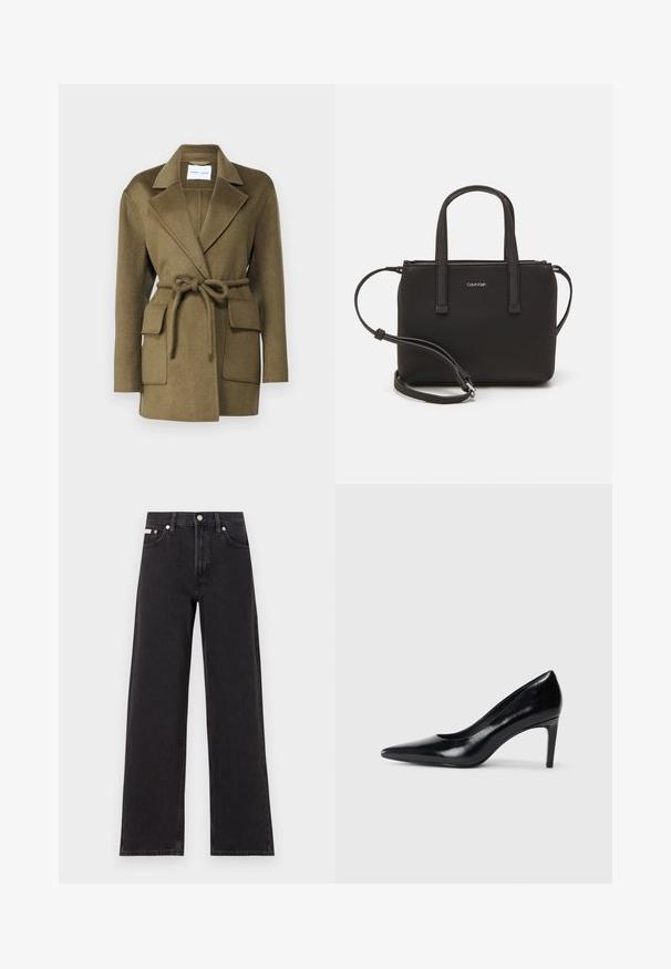 Olivengrøn uldblandingsfrakke med notch-krave, bælte i taljen og to store forlommer. Tekstureret stof med en glat overflade.; Sort bomulds t-shirt med korte ærmer, rund halsudskæring og lille hvid "Calvin Klein" logo på brystet. Glat tekstur, klassisk pasform.; Sorte vidde jeans lavet af denim, med høj talje, fem-lomme stil og en metalknap lukning med kontrasterende syninger.; Sort læder højhælede sko med spids tå, glat tekstur og en taperet hæl. Minimalistisk design uden yderligere udsmykninger.; Sort håndtaske med to korte håndtag og en aftagelig skulderrem. Glat læderagtigt materiale med lynlåslukning og logo detaljer.