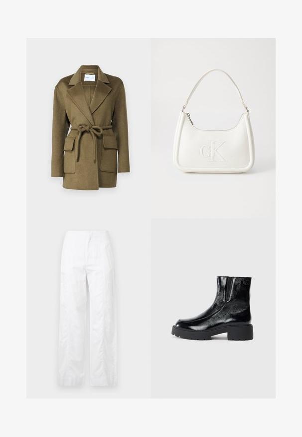 Manteau en laine mélangée vert olive avec un col cranté, une taille ceinturée et deux grandes poches avant. Tissu texturé avec une finition lisse.; T-shirt blanc cintré, manches courtes et larges, en coton doux, décolleté rond avec une discrète bordure orange, design minimaliste, sans motifs ni graphiques.; Pantalons larges blancs en tissu léger, présentant une texture lisse, des lignes épurées et une taille haute.; Bottines noires avec une finition en cuir verni brillant, semelle en caoutchouc noir épaisse et talon surélevé ; inclut un détail de logo subtil sur le côté.; Sac à main en cuir blanc avec une forme courbée, arborant un logo "CK" embossé à l'avant et une seule bandoulière. Fermeture à glissière en haut.
