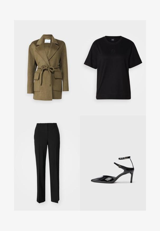 Palton din amestec de lână verde măslin, cu guler tiv și talie cu curea, având două buzunare mari în față. Țesătură texturată cu un finisaj neted.; T-shirt negru din bumbac, cu guler rotund, mâneci scurte și un logo brodat pe piept. Design simplu, cu o croială relaxată și fără modele.; Pantaloni negri tailor-ed cu un design drept, având o textură fină și cute clare pe față. Fără elemente de prindere vizibile.; Cizme cu toc din piele lacuită neagră, cu vârf ascuțit, curele reglabile la gleznă și un toc subțire. Textură netedă cu un finisaj lucios.