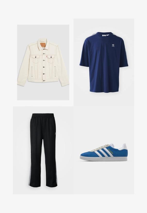 Kreemivärvi teksajakk, millel on nööbid ees, kaks rinna taskut ja kontrastsed pruuni õmblused. Tavaline lõige, pika varrukaga.; Tumesinine puuvillane T-särk lühikeste varrukatega, ümmarguse kaelusega, kolme valge triibuga õlgadel ja väikese valge logoga rinnal.; Mustad mustad spordipüksid elastse vöökohaga, millel on valged küljeread ja väike logo. Materjal tundub pehme ja kerge.; adidas Originals ADIDAS GAZELLE SHOES - Saalijalgpalli saapad - real madrid/bluebird/footwear white/crew yellow