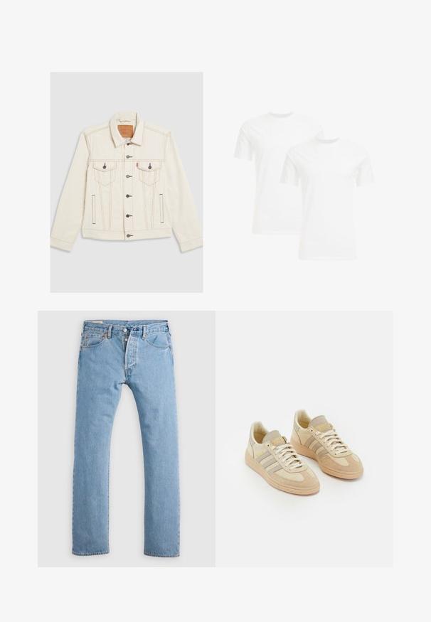 Chaqueta de denim color crema con cierre de botones en la parte delantera, dos bolsillos en el pecho y costuras marrones en contraste. Corte regular con mangas largas.; Dos camisetas de algodón blancas con mangas cortas y cuellos redondos, que presentan una textura suave y un diseño simple, apiladas en una disposición vertical.; Jeans de mezclilla azul claro de pierna recta con cierre de botones, presillas para cinturón y bolsillos delanteros y traseros, mostrados sobre un fondo blanco.; Zapatillas de color beige claro, hechas de ante y materiales de tela, con tres rayas grises, acentos texturizados y una suela de goma marrón. Los cordones son blancos.