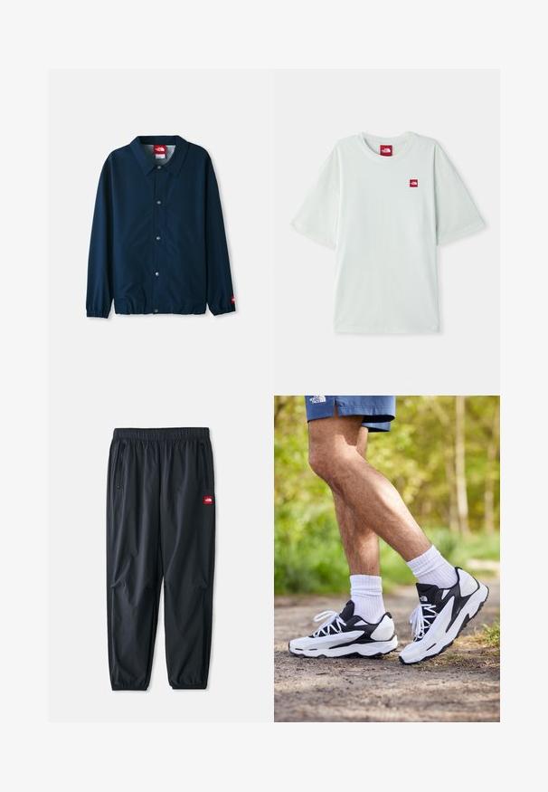 Marineblå lett jakke med krage, trykknap-lukking, elastiske cuffs og en liten logo-patch på venstre erme.; Lys grønn kortermet t-skjorte laget av myk bomull, med et lite rødt logomerke på venstre brystområde. Avslappet passform og rund hals.; Sorte lette bukser laget av syntetisk materiale, med elastisk linning, glidelåslommer på siden, og en liten rød logo-patch.; Svart-hvite joggesko med mesh-overdel, teksturerte detaljer og hvite snøringer. Brukes med hvite ankelstrømper og marineblå shorts på en sti.