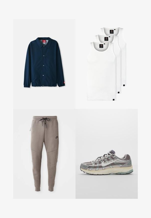 Marineblauwe lichte jas met een kraag, drukknopen, elastische manchetten en een klein logopatch op de linkermouw.; Drie witte geribde tanktops van katoen. Kenmerken zijn een ronde hals en kleine zwarte labels nabij de zoom. Verkrijgbaar in meerdere maten.; Grijze Nike-sweatpants met een verstelbare tailleband, taps toelopende benen, zijzakken en opvallende naaddetails. Zachte, gestructureerde stof.; Grijze sportieve schoen met een bovenwerk van mesh en suede, witte accenten, een gevoerde zool en een onderscheidend ontwerp met reflecterende elementen.