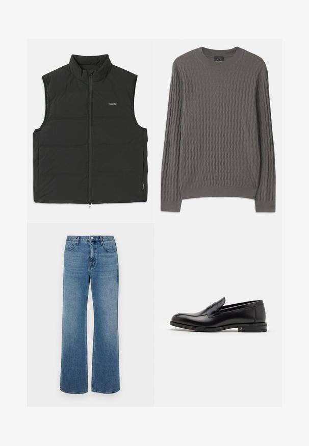 Chaleco acolchado negro con un cuello alto, cierre de cremallera y sin mangas. Tejido ligero con costuras visibles y un pequeño logo en el pecho.; Armani Exchange Jersey de punto - dark gull zig zag; Pantalones vaqueros de pierna ancha en denim con un acabado desgastado. Presenta cinco bolsillos, un cierre de botón en la parte delantera y un corte recto.; Mocasines de cuero negro con una textura suave, puntera redondeada y una tira decorativa en el empeine. Tacón bajo apilado, diseño minimalista.