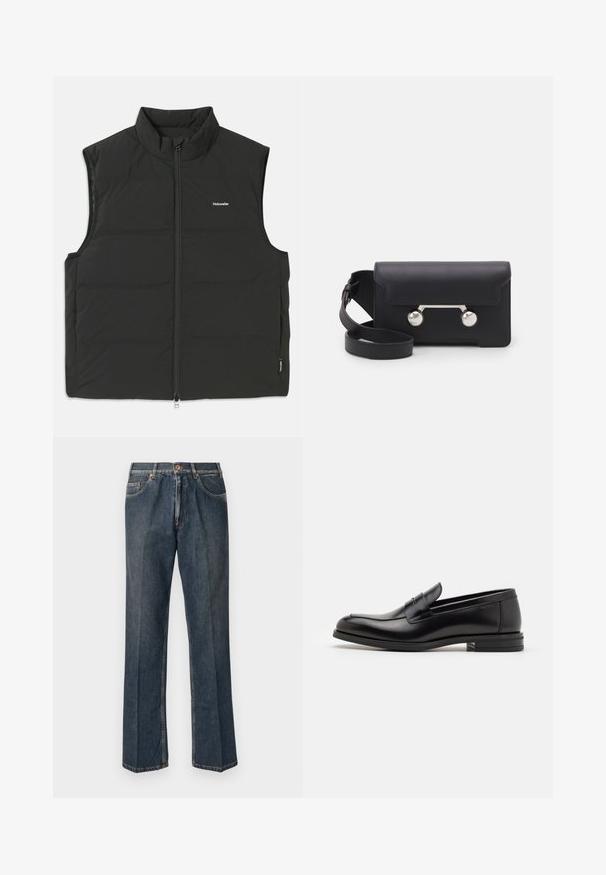 Schwarze Steppweste mit hohem Kragen, Reißverschluss und ohne Ärmel. Leichtes Material mit sichtbaren Nähten und kleinem Logo auf der Brust.; Cremefarbener Strickpullover mit Polo-Kragen, gerippten Bündchen und Saum, ausgestattet mit einer vorderen Knopfleiste und weicher Textur.; Tiefblaue kurzärmelige T-Shirt mit weißem Text "neanche per sogno" zentriert auf der Brust, Rundhalsausschnitt, Größe M.; Dunkelblaue, gerade Jeans aus Denim mit vorderem Knopf, Reißverschluss, doppelten vorderen Taschen und sichtbaren vertikalen Falten entlang der Beine.; Schwarze Lederloafers mit glatter Textur, rundem Zehenbereich und einem dekorativen Riemen über dem Vorderfuß. Niedriger, gestapelter Absatz, minimalistisches Design.; Schwarze Leder-Umhängetasche mit Klappenverschluss, silberfarbener Hardware und zwei runden Akzenten. Verfügt über einen abnehmbaren Schulterriemen. Glatte Textur.