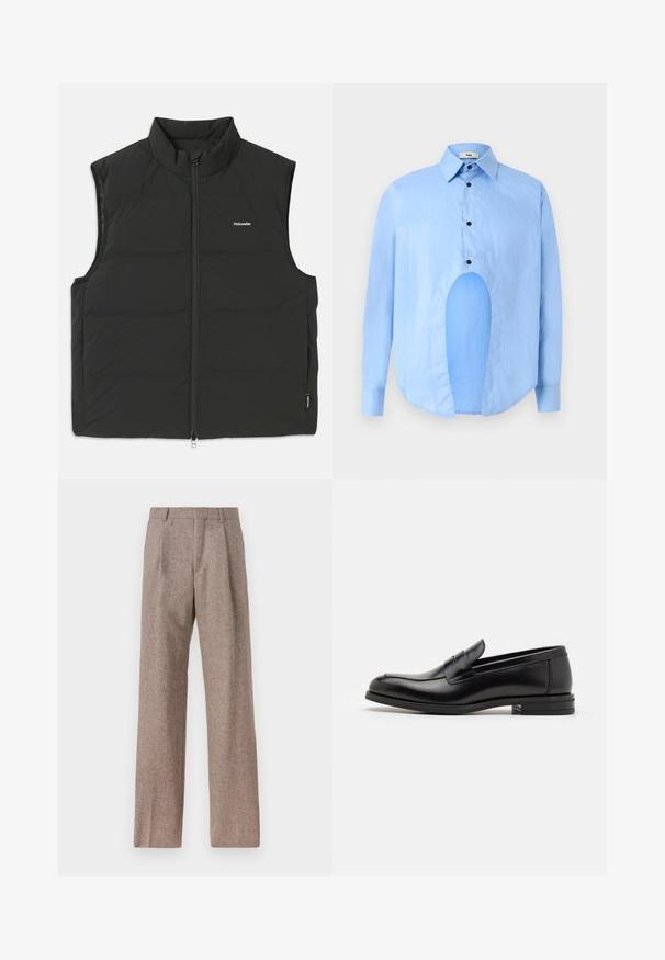 Musta puffervesti, jossa on korkea kaulus, vetoketjukiinnitys ja ilman hihoja. Kevyt kangas, jossa näkyvät ompeleet ja pieni logo rinnassa.; Vaaleansininen pitkähiha shirtti, jossa on terävä kaulus, mustat napit ja ainutlaatuinen aukko edessä erottuvan muotoilun vuoksi.; Ruskejat, korkeavyötäröiset housut, jotka on valmistettu teksturoidusta kankaasta. Ominaisuuksina ovat leveät lahkeet ja kaksi etupuolelle ommeltua laskosta rakenteen tukemiseksi. Siisti viimeistely ilman näkyvää metalliosaa.; Mustat nahkakengät, joissa on sileä pinta, pyöreä kärki ja koristeellinen nauha jalkapöydän yli. Matala pinoitu koroke, minimalistinen muotoilu.