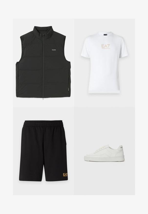 Schwarze Steppweste mit hohem Kragen, Reißverschluss und ohne Ärmel. Leichtes Material mit sichtbaren Nähten und kleinem Logo auf der Brust.; Weißes Baumwoll-T-Shirt mit Rundhalsausschnitt und kurzen Ärmeln, mit einem goldenen EA7 Emporio Armani-Logo auf der Vorderseite.; Schwarze Sportshorts aus weichem Material, mit einem elastischen Bund und einem kleinen gelben EA7-Logo am unteren linken Bein.; Weiße Ledersneaker mit glatter Oberfläche, runder Zehenpartie, flachen Schnürsenkeln und strukturiertem Sohlenprofil. Mit einem dezenten Logo an der Ferse.