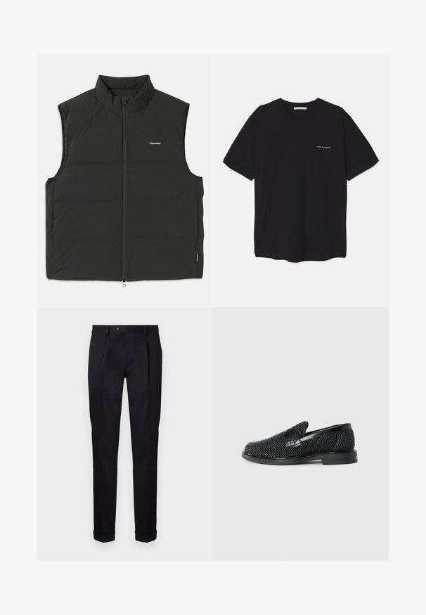 Melnā pūkaino džakets ar augstu apkakli, ar rāvējslēdzēju un bez piedurknēm. Viegls materiāls ar redzamām šuvēm un mazu logo uz krūtīm.; Melnas kokvilnas T-krekls ar apaļu kaklu, īsām piedurknēm un baltu logotipa uzdruku kreisajā krūtī. Vienkāršs, vienkrāsains dizains.; Pielāgoti melni bikses, kas izgatavotas no gludas auduma, ar plakanu priekšpusi, diviem priekšējiem krokiem un apkaklēm apakšā, lai nodrošinātu tīru un strukturētu izskatu.; Melnas austas slaidu kurpes ar gludu ādas akcentu augšpusē, apaļas formas purngalu un zemas profila gumijas zoli.